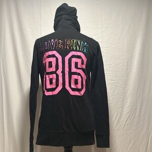 Victorias Secret PINK Love Pink Hooded Zip Up Sweatshirt Size XS Black
